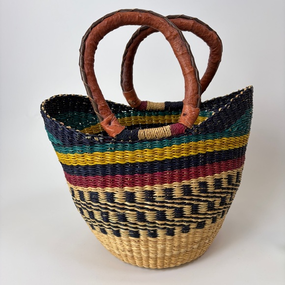 Handmade Handbags - Handwoven Artisan Bolga Bag Small Leather Handle Shopper Tote Green Black Yellow